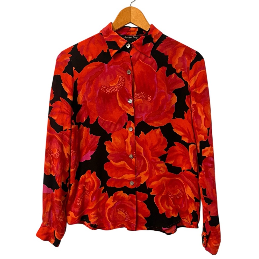 Vintage Sandra King Womens Silk Blouse Floral Long Sleeve Black Red Small